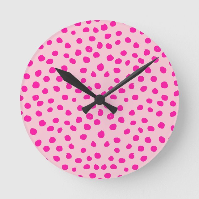 Preppy Pink Dots Modern Animal Print Spots Round Clock (Front)