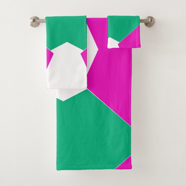 Preppy Pink Emerald Green Abstract Mosaic Pattern Bath Towel Set (Insitu)