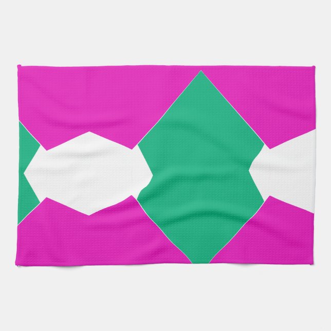 Preppy Pink Emerald Green Abstract Mosaic Pattern Tea Towel (Horizontal)