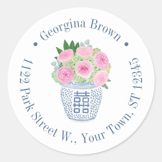 Preppy Pink English Roses Return Address Classic Round Sticker (Front)