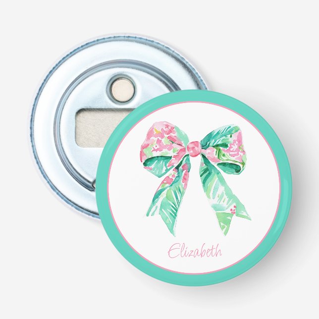 Preppy Pink Floral Bow Personalised Bottle Opener (Front)