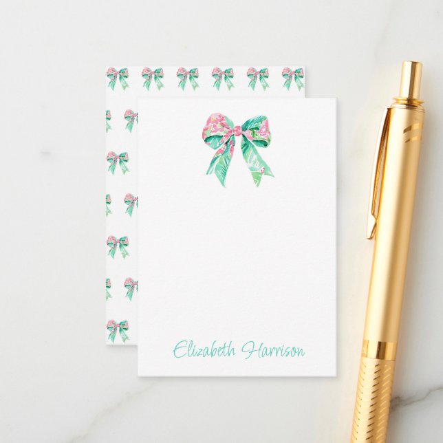 Preppy Pink Floral Bow Personalised Enclosure Card (Front/Back In Situ)