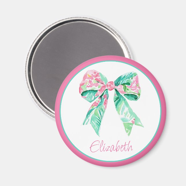 Preppy Pink Floral Bow Personalised Magnet (Front/Back)