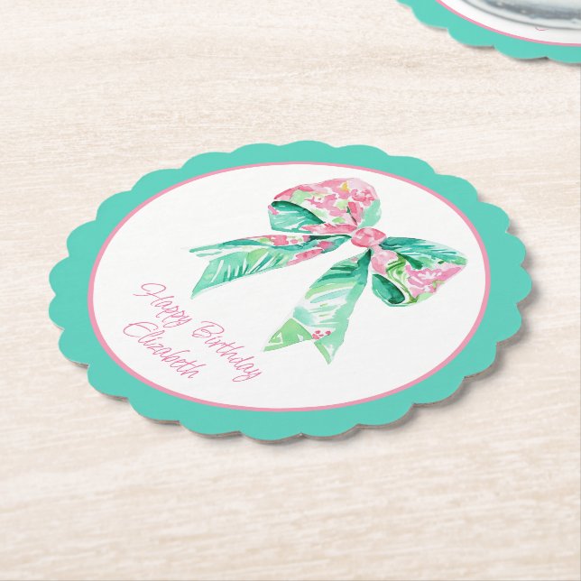 Preppy Pink Floral Bow Personalised Paper Coaster (Angled)