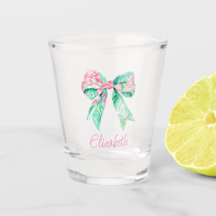 Preppy Pink Floral Bow Personalised Shot Glass