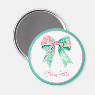 Preppy Pink Floral Bow Personalized Magnet