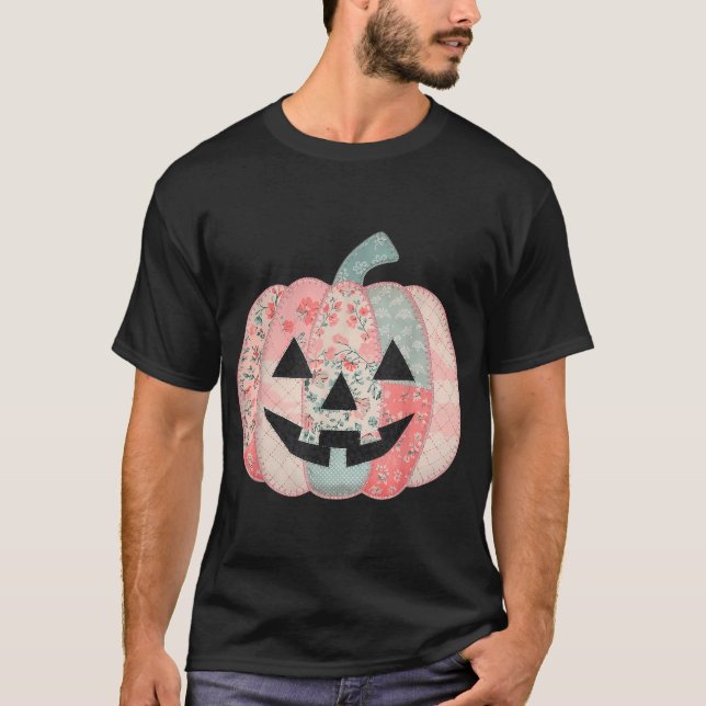 Preppy Pink Floral Patchwork Pumpkin Autumn Fall  T-Shirt (Front)