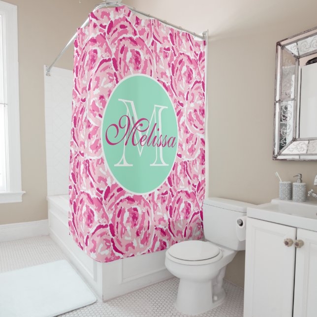 Preppy Pink Floral Watercolor Roses Tropical Shower Curtain (In Situ)
