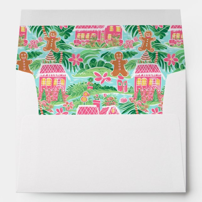 Preppy Pink Gingerbread Village Christmas Envelope (Back (Bottom))