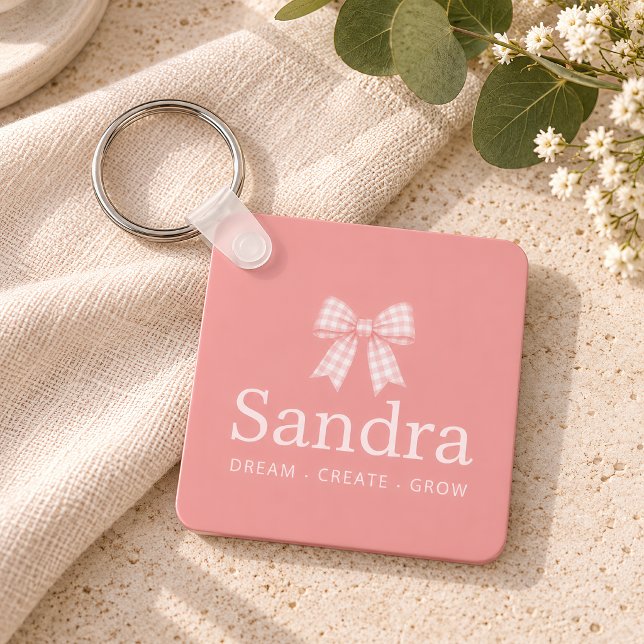 Preppy Pink Gingham Bow Name Quote Key Ring (Creator Uploaded)