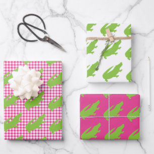 Preppy Pink Gingham Green Alligator Colourful Fun Wrapping Paper Sheet