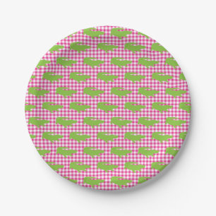 Preppy Pink Gingham Green Alligator Southern Fun Paper Plate
