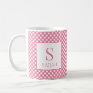 Preppy Pink Gingham Plaid Monogram Name Coffee Mug