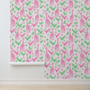 Preppy Pink Giraffes Jungle Flowers  Wallpaper