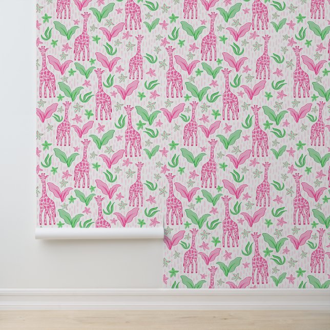 Preppy Pink Giraffes Jungle Flowers  Wallpaper (Application)