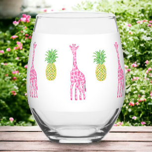 Preppy Pink Giraffes Pineapples Classic Stemless Wine Glass