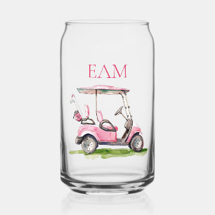 Preppy Pink Golf Cart Monogram Can Glass