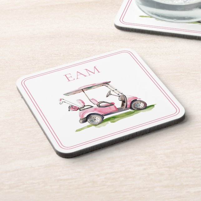 Preppy Pink Golf Cart Monogram Coaster (Left Side)