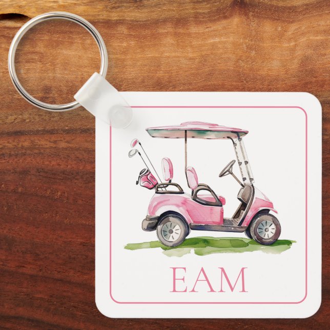 Preppy Pink Golf Cart Monogram Key Ring (Front)