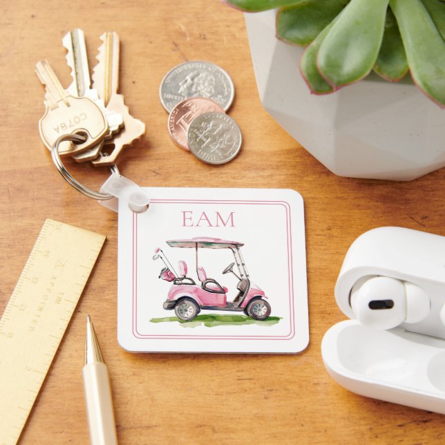 Preppy Pink Golf Cart Monogram Key Ring (Desk)
