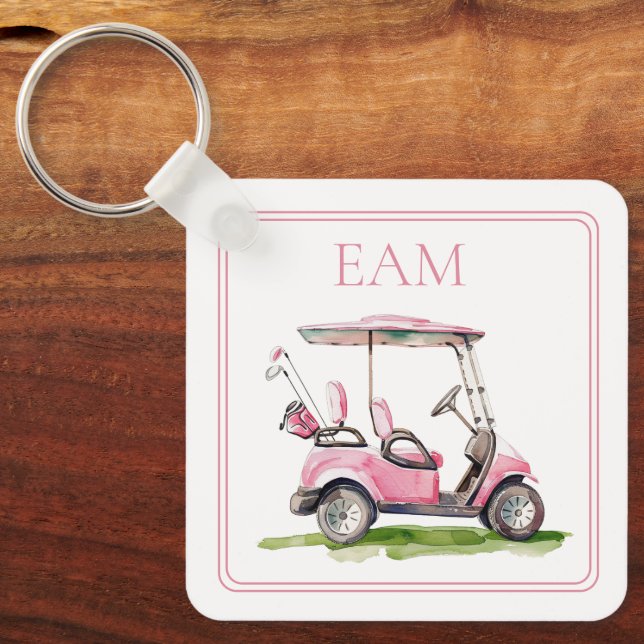 Preppy Pink Golf Cart Monogram Key Ring (Front)