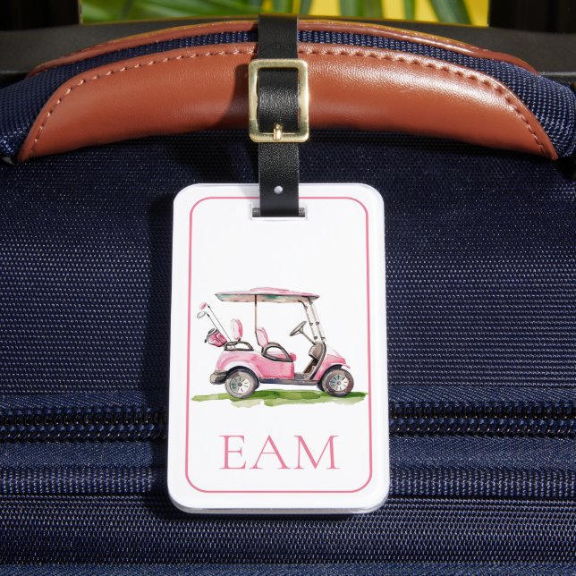 Preppy Pink Golf Cart Monogram Luggage Tag (Front Insitu 2)