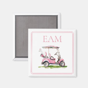Preppy Pink Golf Cart Monogram Magnet
