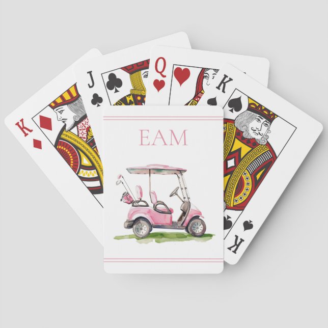 Preppy Pink Golf Cart Monogram Playing Cards (Back)