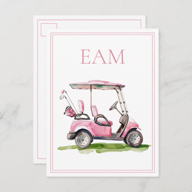 Preppy Pink Golf Cart Monogram Postcard (Front/Back)