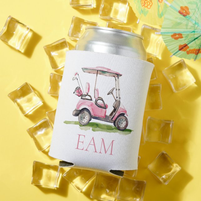 Preppy Pink Golf Cart Monogrammed Can Cooler (In Situ Summer)