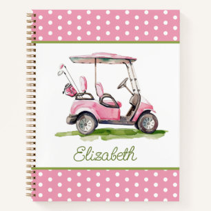 Preppy Pink Golf Cart on Polka Dots Personalised Notebook