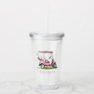 Preppy Pink Golf Cart Personalised Acrylic Tumbler