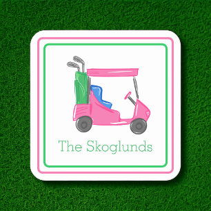 Preppy Pink Golf Cart Personalised Border Square Paper Coaster