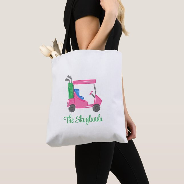 Preppy Pink Golf Cart Personalised Tote Bag (Close Up)