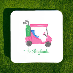 Preppy Pink Golf Cart Personalized Coaster