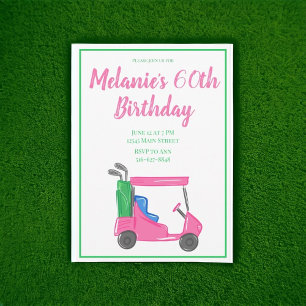 Preppy Pink Golf Cart / Stylish Golf Birthday  Invitation