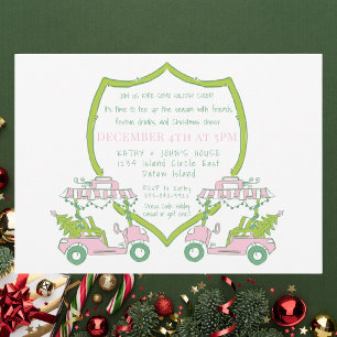 Preppy Pink Golf Carts Crest Golf Christmas Party Invitation