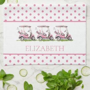 Preppy Pink Golf Carts on Polka Dots Personalised Tea Towel