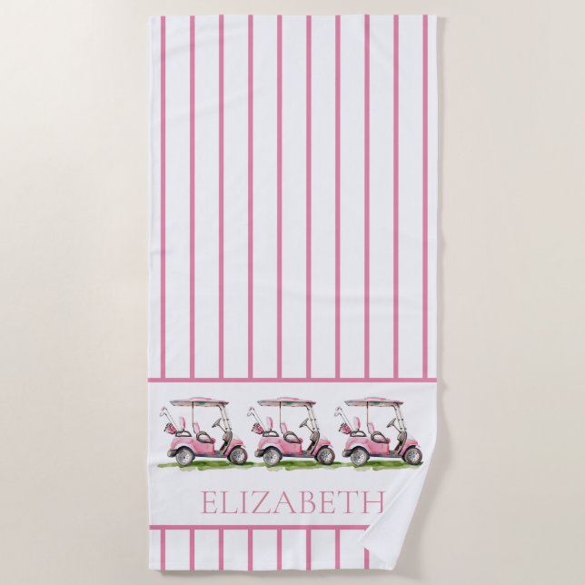 Preppy Pink Golf Carts Personalised Beach Towel (Front)