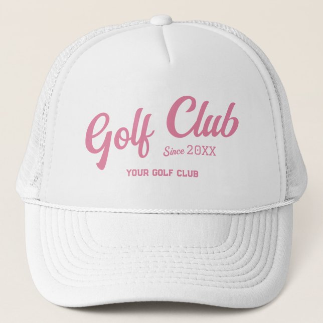 Preppy Pink Golf Club Custom Crest White Trucker Hat (Front)