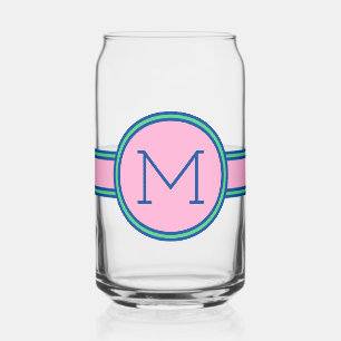 Preppy Pink Green and Navy Blue Monogram Can Glass