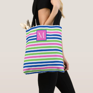 Preppy Pink Green and navy Blue Stripes Monogram Tote Bag