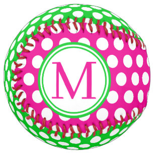 Preppy Pink Green and White Polka Dots Monogram Softball