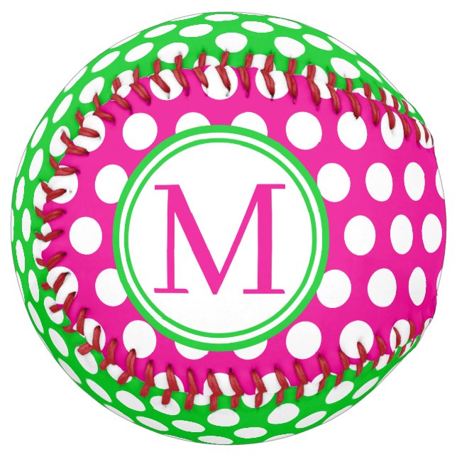 Preppy Pink Green and White Polka Dots Monogram Softball (Front Left)