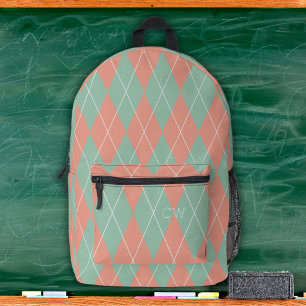 Preppy Pink & Green Argyle Print Monogram Initials Printed Backpack