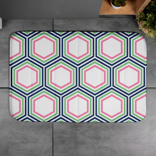 Preppy Pink Green Blue Geometric Pattern Bath Mat
