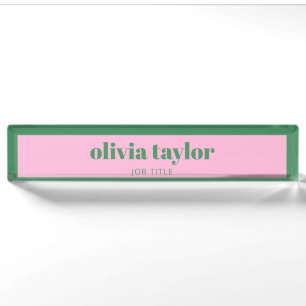 Preppy Pink Green Bold Name Modern Workspace Nameplate