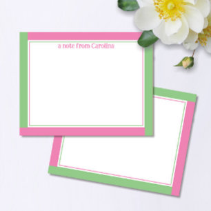 Preppy Pink & Green Border Custom Name Stationery Card