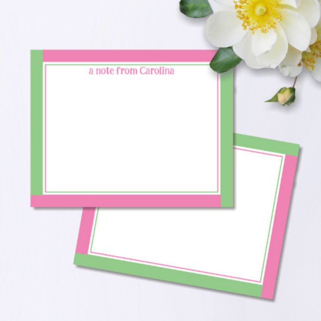Preppy Pink & Green Border Custom Name Stationery Card (Creator Uploaded)