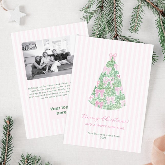 Preppy Pink Green Bows Business Logo Corporate Holiday Card (Informal and feminine pink bows corporate christmas card perfect for a women-owned business. )